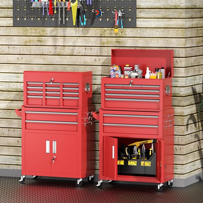 INTERGREAT Tool Chest Cabinet,8-Drawer Rolling Tool Chest with Detachable Top Tool Box, Tool Chests with Universal Lockable Wheels, Metal Tool Cart for Garage, Workshop, Barbershop(Red)