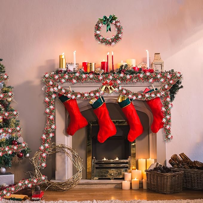 50FT Red Green Christmas Tinsel Garland with Santa Claus Ornaments, Metallic Xmas Christmas Tree Garland Decorations Indoor Outdoor for Home Fireplace Mantle Stair Office Classroom Party Holiday Decor