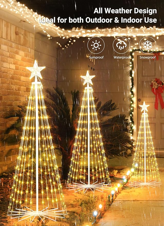 Outdoor Christmas Cone Tree Light with Remote, 3Set Outdoor Lightshow Christmas Tree with Star Topper, Dimmable Artificial Christmas Tree for Porch Yard Patio Indoor Christmas Decorations, Warm White