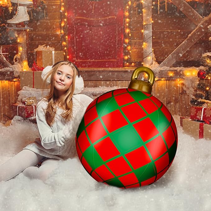 Jetec 4 Pcs Giant Inflatable Christmas Ball Large Xmas Inflatable Ornaments PVC Outdoor Holiday Blow Ball Outside Yard Lawn Porch Decorations (Cute,Mixed Red Green)