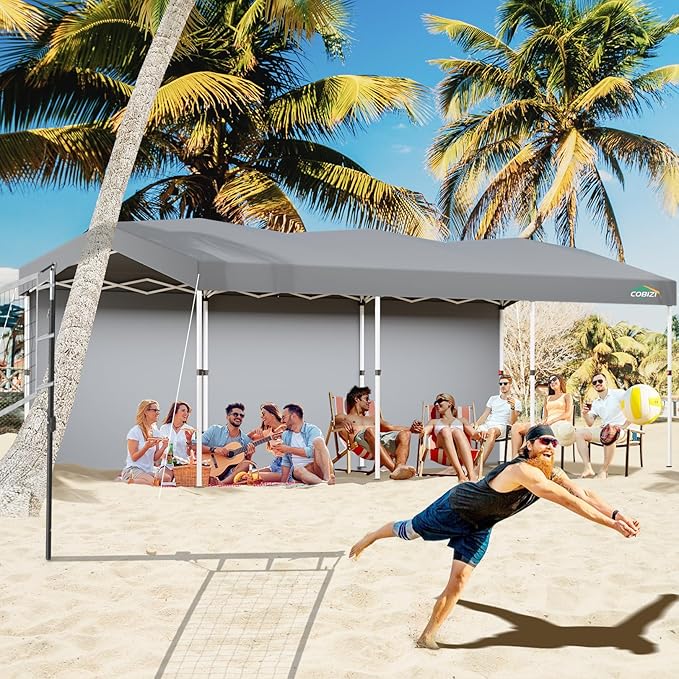 COBIZI 10x30 Pop Up Canopy with One Button Push Center Lock,Ez Up Portable Carport with 3 sidewalls,Waterproof UV50+ Outdoor Party Commercial Carport Canopy Gazebos with Roller Bag(10 x 30 ft Gray)