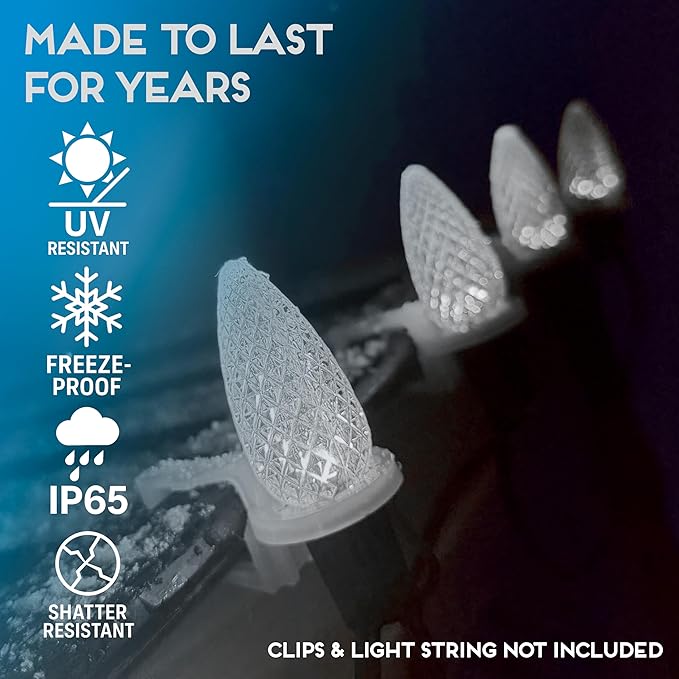 HLO Lighting Set of 25 Cool White C9 Faceted LED Christmas Light Bulbs for Indoor & Outdoor Use | Durable Replacement Bulbs