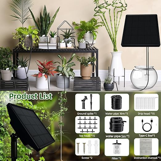 Automatic Plant Waterer Indoor, Drip Irrigation Systems for Potted Plant, Solar Powered Vacation Plant Watering Devices with Battery Alerts and Timer for for Housplants, Garden Irrigation