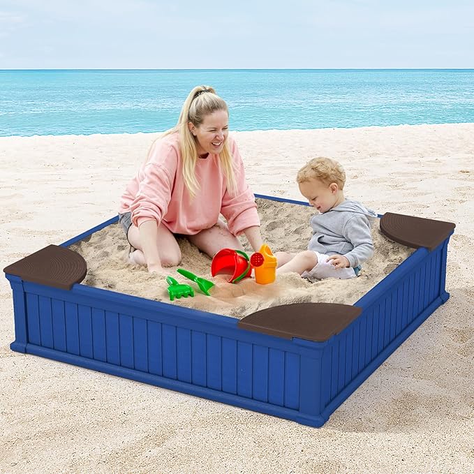 Costzon Kids Sandbox with Cover, 4ft x 4ft HDPE Sandpit with Oxford Cover, Bottom Liner, 4 Corner Seats, Weather Resistant Outdoor Sand Pit for Backyard Lawn Garden Beach (Navy)
