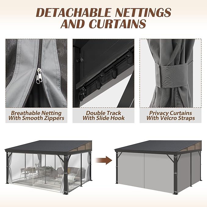12' x 14' Hardtop Wall Mounted Gazebo, Lean to Gazebo with Galvanized Steel Roof Aluminum Frame Wall Gazebos Pergola with Netting&Curtains for Outdoor, Backyard, Patio