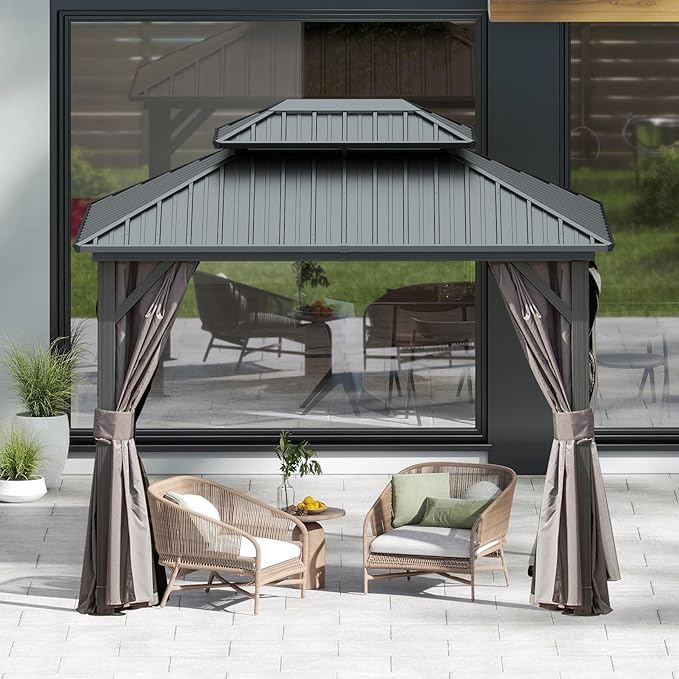 Domi 8’ X 10’ Hardtop Gazebo Canopy with Netting & Curtains, Outdoor Metal Gazebo with Galvanized Steel Double Roof for Patio Lawn and Garden, Gray