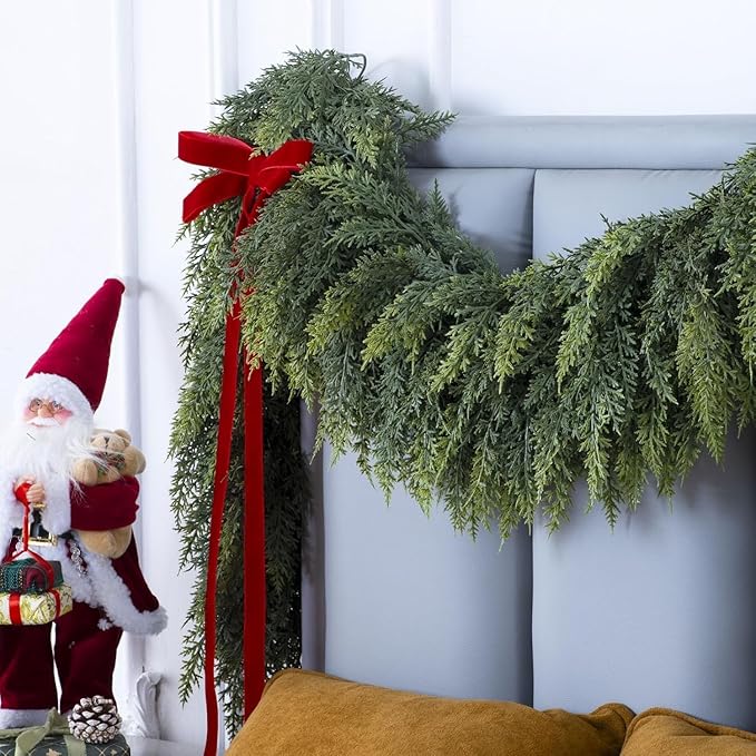2 Pcs 6FT Christmas Cedar Garland - Thick & Lush Realistic Artificial Green Faux Cedar Pine Needles Garland for Christmas Winter Home Mantel Fireplace Holiday Party Decor