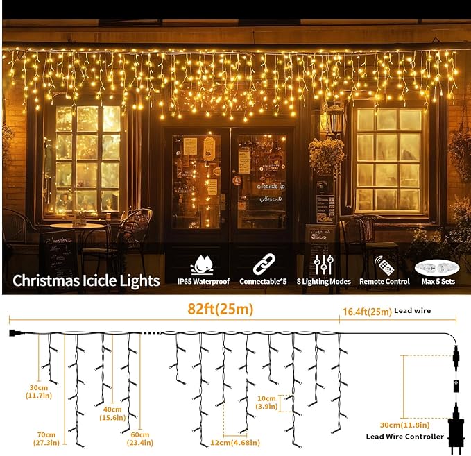 Icicle Lights for Outside, 82ft 880 LED Icicle Christmas Lights Outdoor Waterproof, 176 Drops with Remote, 8 Modes & Dimmable, Timer for Christmas, Wedding, Party, House, Roof Decoration, Warm White