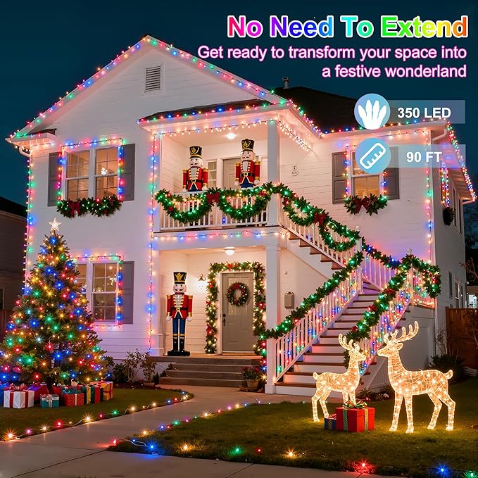350LED 90FT Christmas Lights Indoor Outdoor, 12 Modes Multicolor Outdoor String Lights with Timer & Dimmable, Green Wire Christmas String Lights for Tree Patio Yard Fence Bedroom Wedding Garden Decor