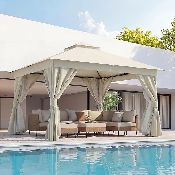 LAUSAINT HOME 12x12ft Outdoor Patio Gazebo with Double Roof, Heavy Duty Waterproof Gazebo Canopy Tent with Mosquito Netting for Backyard, Garden, Lawn & Wedding, Cream White