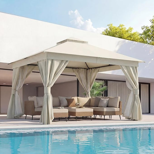 LAUSAINT HOME 12x12ft Outdoor Patio Gazebo with Double Roof, Heavy Duty Waterproof Gazebo Canopy Tent with Mosquito Netting for Backyard, Garden, Lawn & Wedding, Cream White