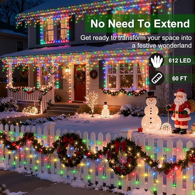 612 LED Christmas Lights with 136 Drops, 60ft 12 Modes Hanging ice String Lights with Timer & Dimmable & Waterproof, Plug-in Fairy Lights for Tree Holiday Wedding Party Christmas Decor Multicolor