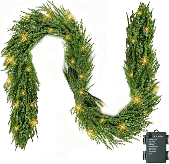 TW SHINE 9FT Pre-Lit Christmas Garland with Lights, 50 LED Lighted Artificial Norfolk Pine Garlands, Christmas Decorations for Indoor Outdoor Mantle Stairs Fireplace Decor, Warm White