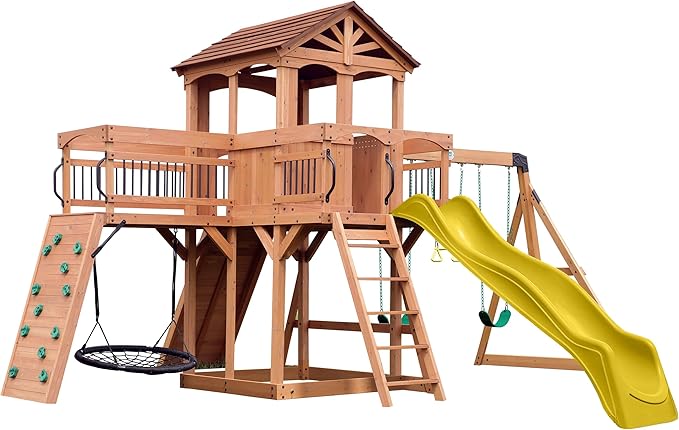 Backyard Discovery Sterling Point Cedar Wood Swing Set with Wave Slide, Raised Clubhouse, Wooden Bridge, Rock Wall, Belt Swings, Web Swing, Trapeze, Balcony, Climbing Wall, Ladder, Outdoor Playset