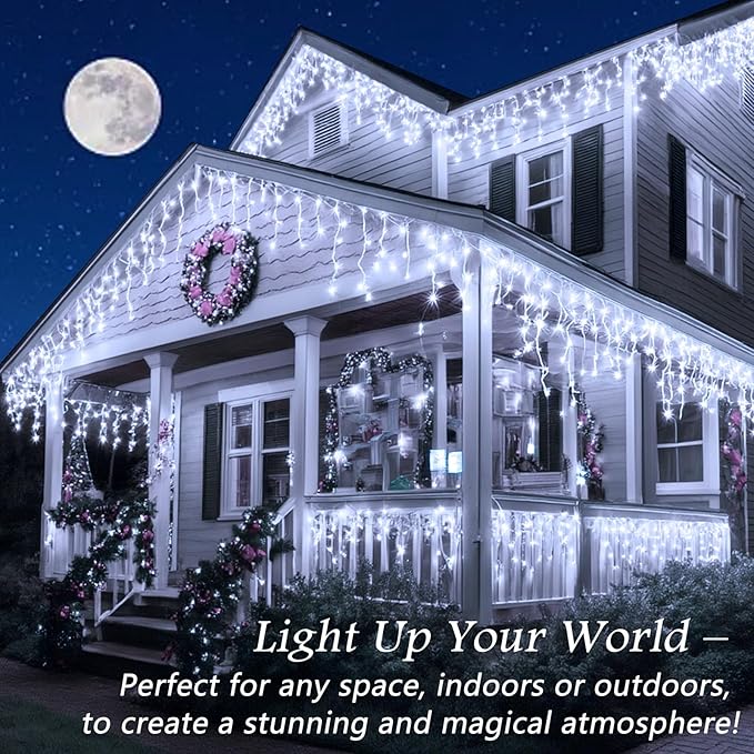Cool White Christmas Lights Outdoor, 65ft 640 LED Icicle Lights for Outside House with Connectable Clear Wire 8 Modes Timer, Plug in Waterproof for Eaves Yard Party Indoor Holiday Decoration