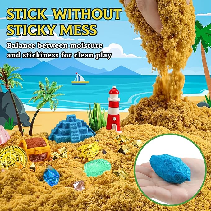 Pirate Treasure Chest Sensory Bin,Play Sand Kit for Boys with Pirate Accessories,2.2lbs Sand,Glow in The Dark Gems and Map,Pretend Play Adventure Sensory Toys for Toddlers Kids Ages 3 4 5 6 7 8