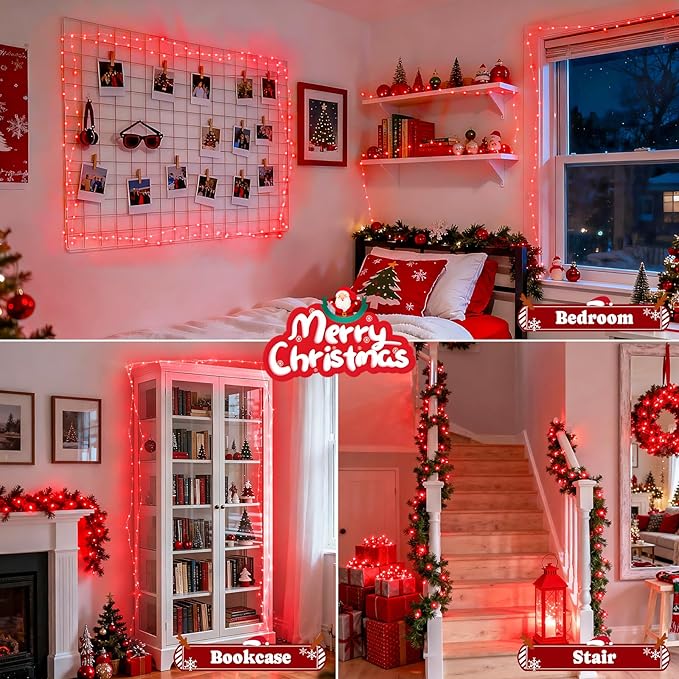 JMEXSUSS 2 Pack Red Fairy Lights Battery Operated, Total 200 LED 66ft Red String Lights Battery Powered with Remote, 8 Modes Christmas Lights for Tree Indoor Outdoor Wreath Bedroom Halloween Decor