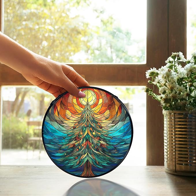 TNUW Christmas Tree Stained Glass Window Hanging, Rustic Winter Christmas Tree Sun Catchers Indoor Window Glass Round Wall Art Decor, Xmas Wall Hanging Decorations, 7.9＂x7.9＂