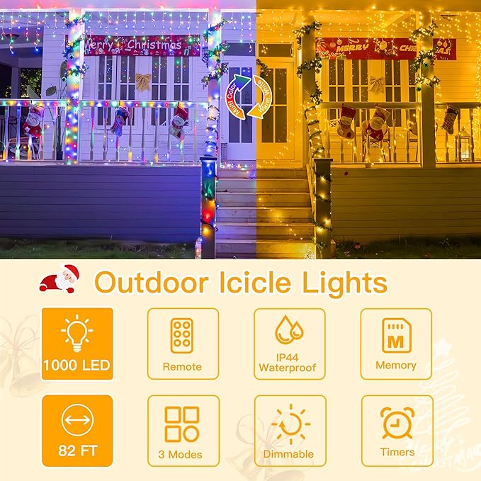 Ollny Icicle Lights for Outside 1000LED 82FT, Color Changing Christmas Light with Remote 11 Modes Timers Waterproof, Plug in Dimmable Hanging Lights for Outdoor Indoor House Roof Holiday