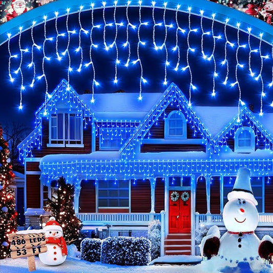Christmas Lights Outdoor, 53 FT 486 LED Christmas Lights for Outside, Timer & Memory, Plug in 8 Modes Hanging Fairy Lights with 108 Drops for House Eaves Yard Patio Holidays Decorations, Blue