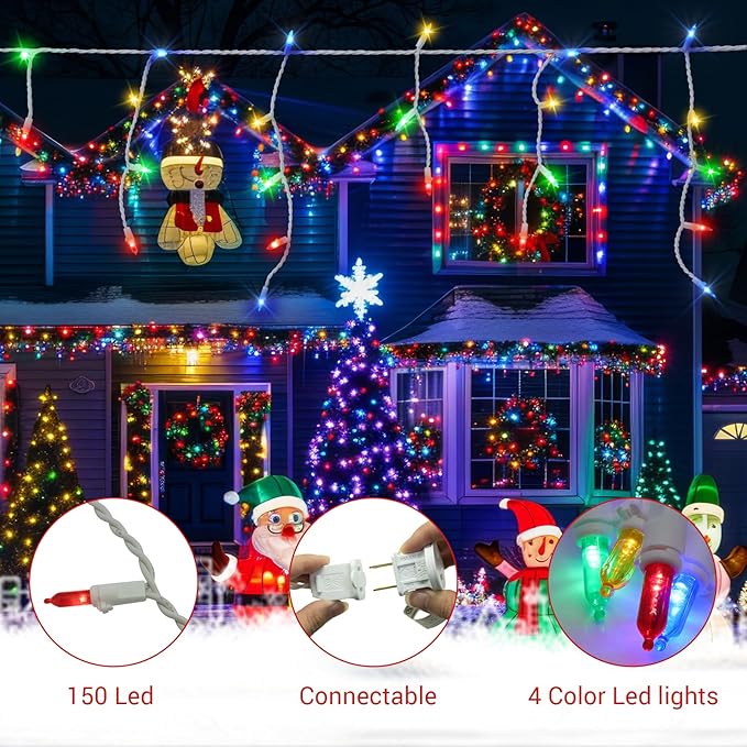 New One Icicle Lights Outdoor 3 Pack, 20.2 FT 150 LEDs Multicolor Icicle Christmas Lights with White Wire, Connectable Icicle String Lights with 39 Drops, Holiday Wedding Party Led Icicle Lights