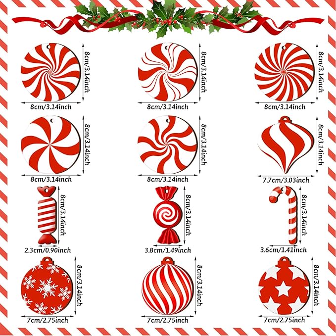 36 Pieces Candy Cane Christmas Ornaments Wood Hanging Decor Xmas Tree Cutouts Peppermint for Home Party Decoration Supplies (Candy Style)