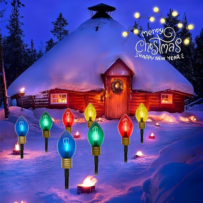 Jumbo Pathway Lights, 7FT Christmas Walkway Lights with Pathway Marker Stakes and 4 LED Clear Multicolor Bulb,Christmas Light Outdoor Decorations for Lawn Yard,4 Lights