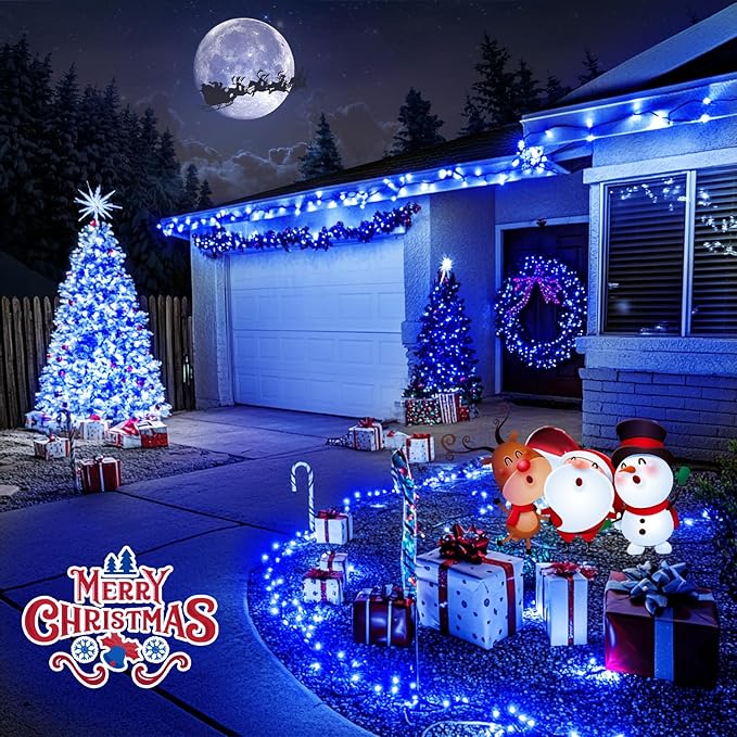 JMEXSUSS 200 LED Blue Christmas Lights Outdoor, Expandable 66ft Christmas String Lights Green Wire, 8 Modes Twinkle Xmas Tree Light Plug in for Party Indoor Ceiling Beroom Patio Fence Yard Decor