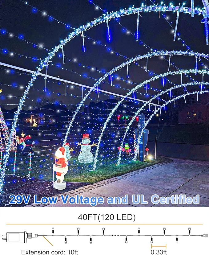 40FT 120 LED Christmas Lights Outdoor, Blue White Christmas String Lights Waterproof, 8 Modes & Timer, Connectable Christmas Tree Lights for Indoor Garden Yard Party Decorations