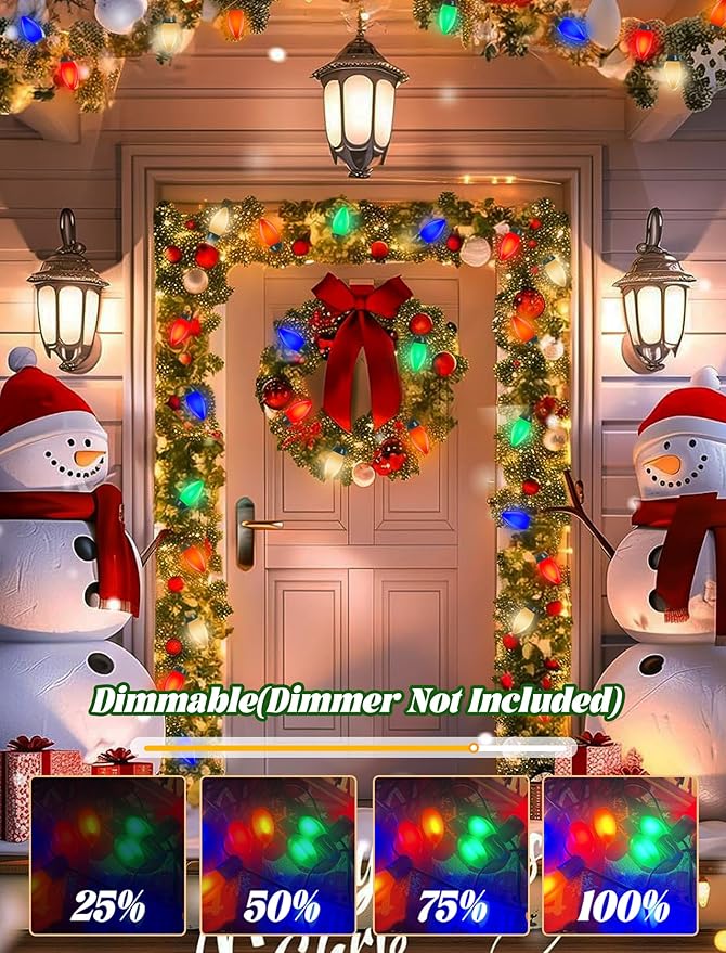C9 LED Christmas Lights Outdoor 25Ft Outdoor Christmas Decorations String Light Waterproof with 26 C9 LED Multicolor Bulbs, Hanging Vintage Christmas Lights for Patio Roofline Garden Holiday Party