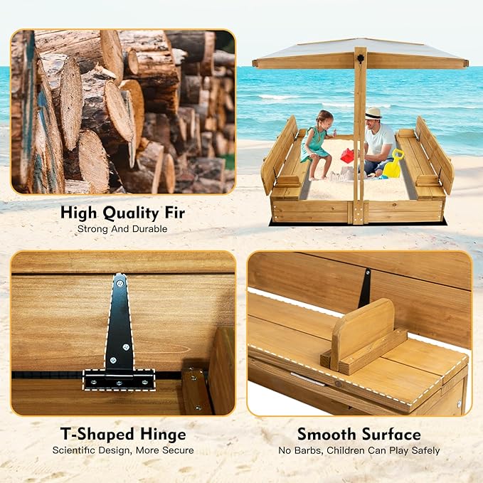Wooden Kids Sandbox with Lid, Outdoor Sand Box with Adjustable Canopy and Two Foldable Bench Seats, Sandbox with Cover for Beach, Backyard, Bottom Liner & UV-Resistant, Gift for Kids Age 2-8, 47''