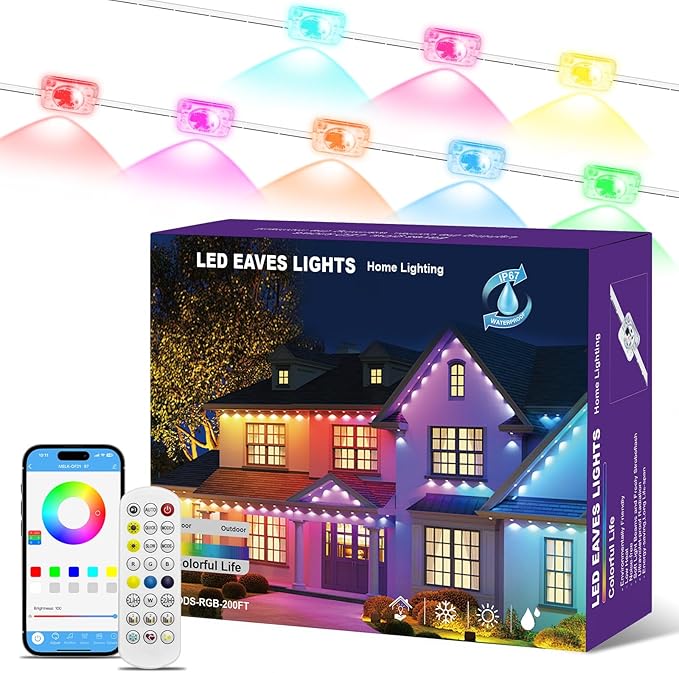 Permanent Outdoor Lights for House, 200ft RGB+IC Smart Outdoor Decor, 50 Scene Modes, App/Remote Control, IP68 Waterproof, RGB Eaves Light for Halloween, Christmas, Party Decor, House Roof Lighting