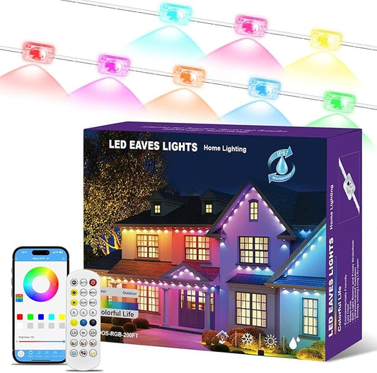 Permanent Outdoor Lights for House, 200ft RGB+IC Smart Outdoor Decor, 50 Scene Modes, App/Remote Control, IP68 Waterproof, RGB Eaves Light for Halloween, Christmas, Party Decor, House Roof Lighting