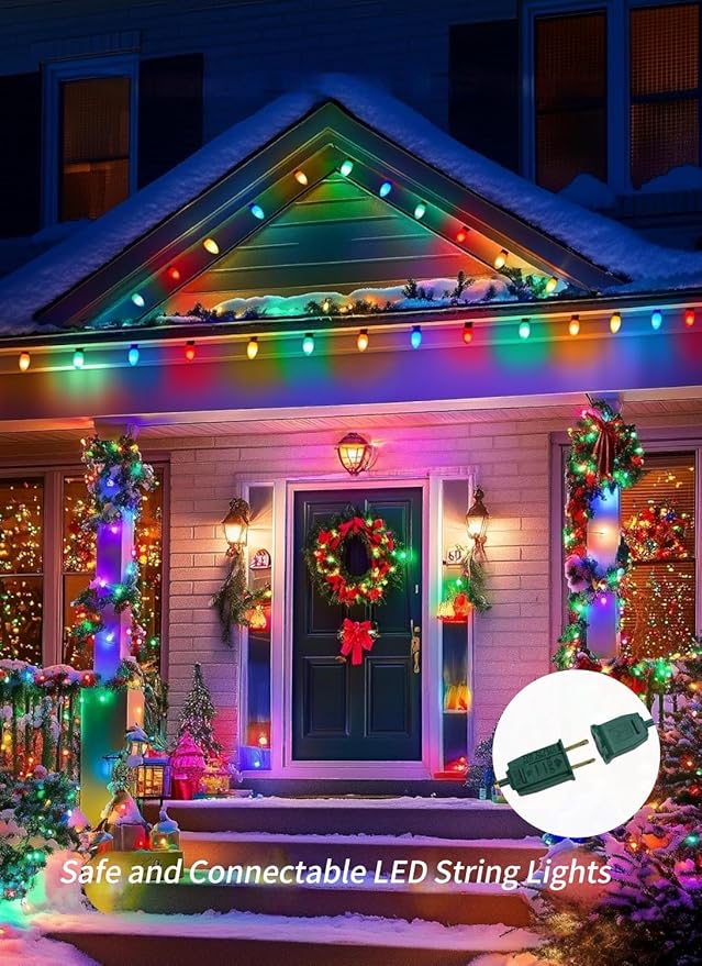 Vintage C9 LED Christmas Lights Outdoor, 50 Feet String Lights with 52pcs Shatterproof C9 Bulbs, Waterproof Connectable Commercial Christmas Tree Lights for Outside Roofline Patio Decor, Multicolor