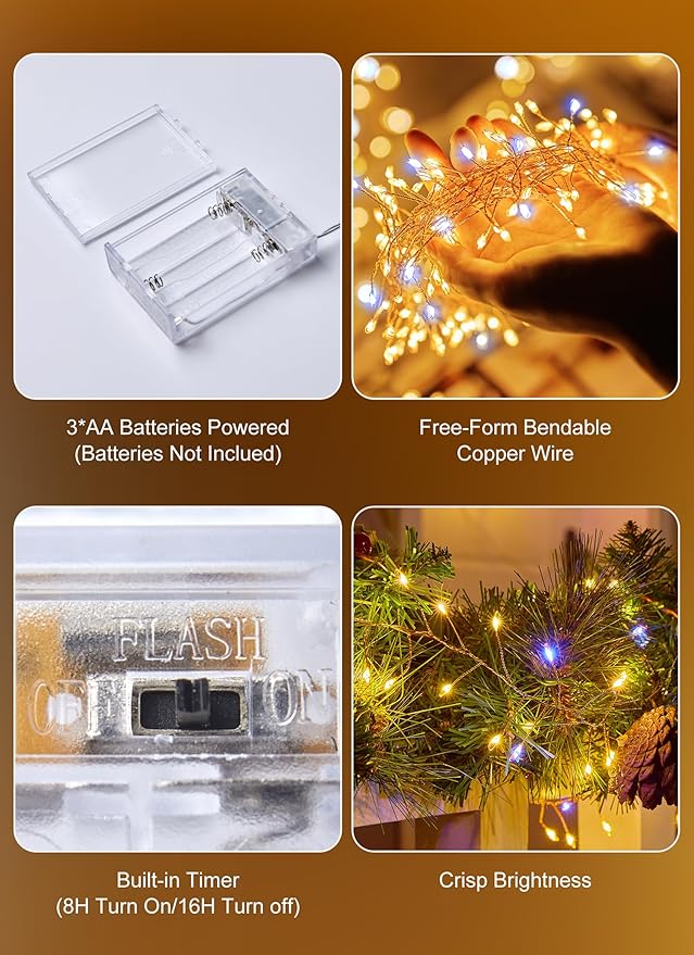 6 Pack 120LED Fairy Lights Battery Operated, 10Ft Twinkle Lights with Timer, Waterproof Silver Wire Starry Firefly Light for DIY Wreath Weeding Indoor Outdoor Christmas Decorations