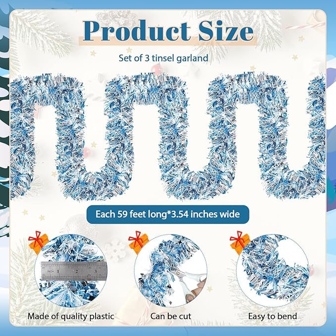 177 Feet Christmas Tinsel Garland Metallic Shiny Hanging Christmas Tree Tinsel Garland Ornaments for Indoor Outdoor Party Wedding Holiday(Blue White Silver)