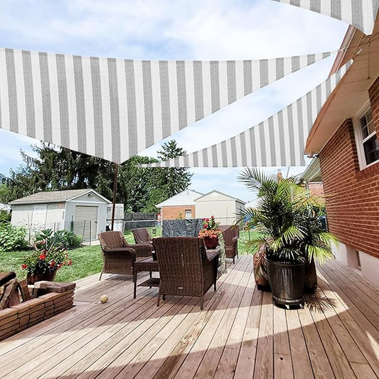 Patio Paradise 8' x 8' x 8' Sun Shade Sail Triangle Canopy Shade Cloth Fabric Sunlight Block Patio Pergola Cover HDPE Deck Awning for Outdoor Backyard Roof Shading, Gray White Strip