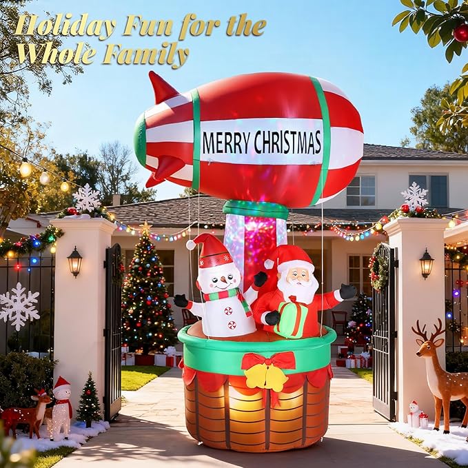 10FT Christmas Inflatables Santa Claus Outdoor Decorations, Christmas Blow Ups Airship Snowman, Inflatable Yard Decor with Built-in LED Lights for Xmas Garden Lawn Party