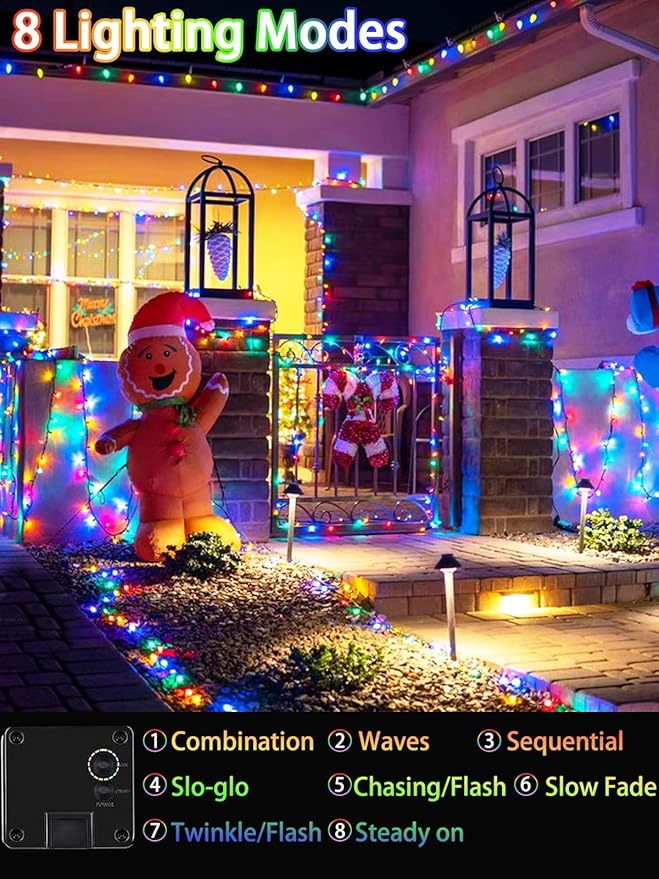 4 Pack 180FT Solar Christmas Lights Outdoor Waterproof, Super Bright 320 LED Solar String Lights with 8 Lighting Modes, Green Wire Solar Twinkle Tree Lights for Outside Xmas Party Yard(Multi-Colored)