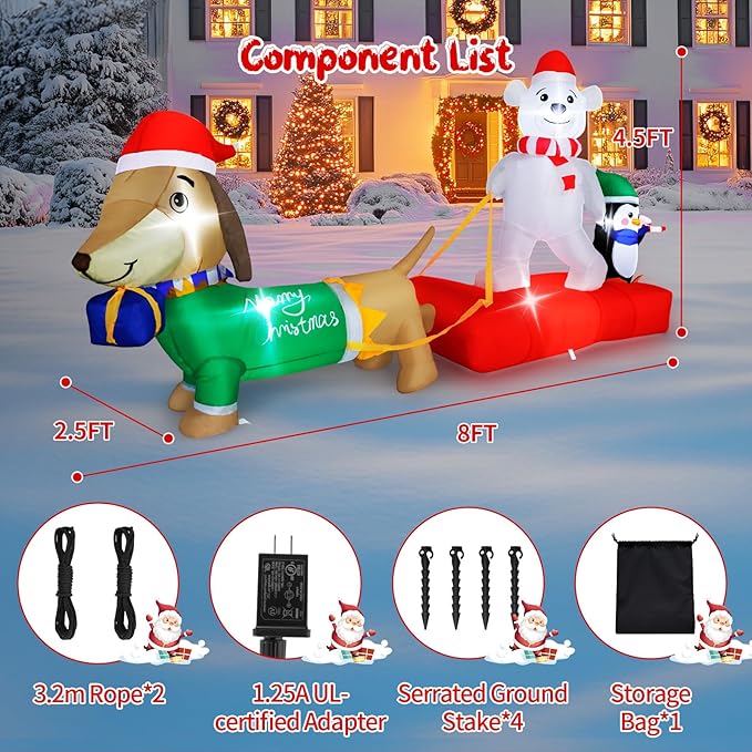 8FT Christmas Inflatable Outdoor Lighted Polar Bear & Penguins Carrying Dog Sleigh Decor, Sleigh-Riding Bear with a Candy Cane-Holding Penguin Yard Decor for Xmas Holiday, for Him, Her
