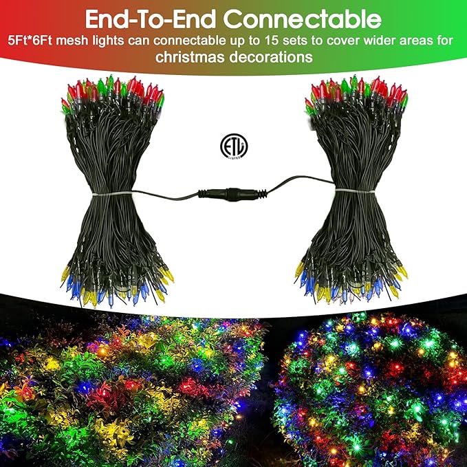 Christmas Net Lights Outdoor for Bushes, 6x5ft 120LED Net Light Outdoor Mesh Lights, Connectable Waterproof Net Light for Bushes,Garden,Yard,Trunk,Xmas Tree,Christmas Décor (Multicolor)