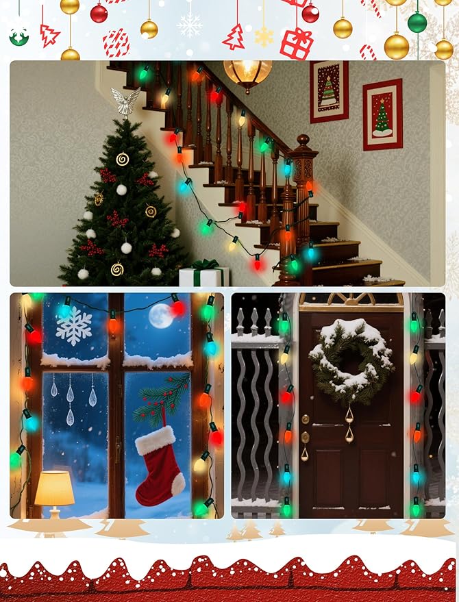 C7 LED Colorful Christmas Lights Outdoor, 25Ft Christmas Decorations String Lights with 27 LED C7 Ceramic Multicolor Bulbs, Hanging Vintage Christmas Lights for House Roofline Tree Patio Yard Party