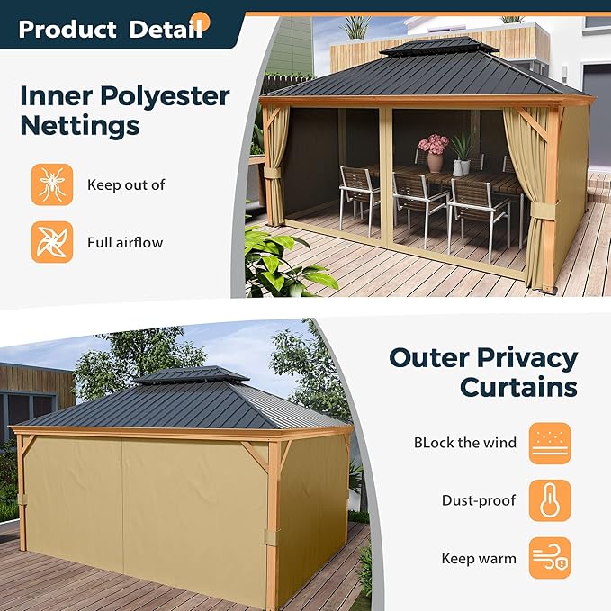 HAPPATIO 12' x 16' Hardtop Gazebo, Outdoor Wood Grain Frame Aluminum Gazebo, Double Roof Permanent Patio Canopy with Netting and Curtains for Garden, Patio, Lawns, Parties (Beige)