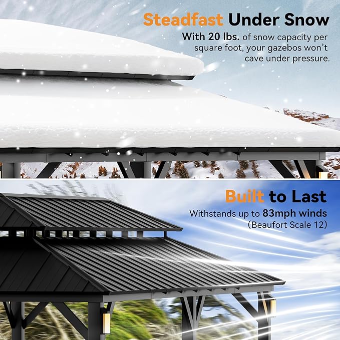 Modern Shade The Horizon Permanent Hardtop Gazebo 12' x 24' with 4 LED Lights, Outdoor Gazebo with Galvanized Steel Double Roof, Patio Pavilion w/Decor Hooks, Mosquito Netting and Curtains, Black
