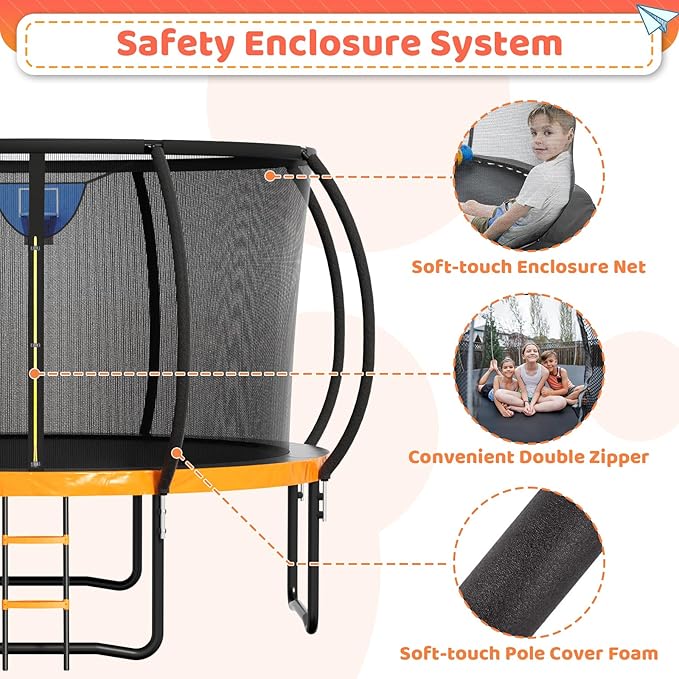 8FT 10FT 12FT 14FT 16FT Trampoline Outdoor, Trampolines for Kids & Adults, Pumpkin Trampolines with Safety Net, Ladder, Coating Metal Frame, ASTM Approved Large Backyard Trampoline for Kids