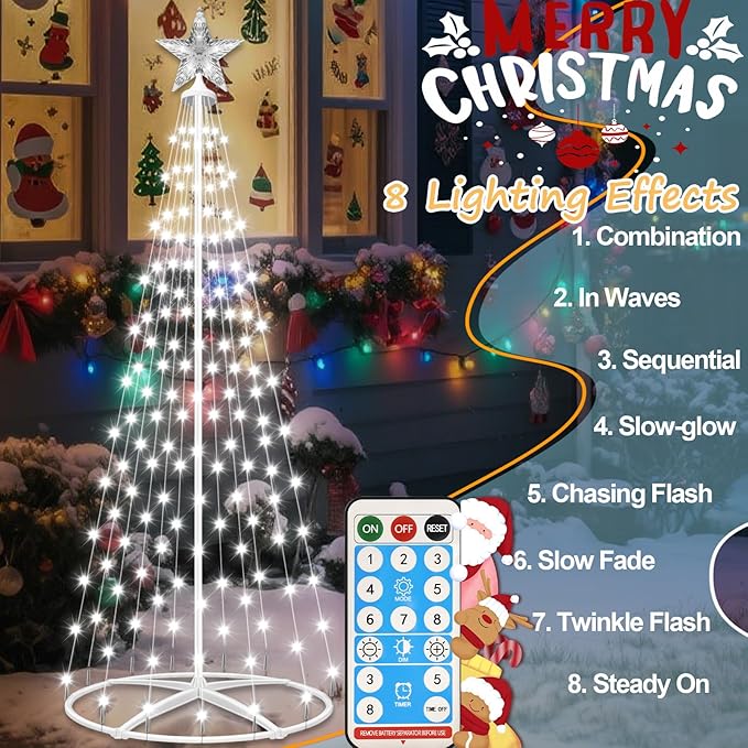 Forlivese 154LED Outdoor Solar Christmas Tree Lights, 4FT Lighted Artificial Cone Tree with Remote, 8 Modes, USB Charge, Timer & Waterproof Christmas Tree Decor for Garden Yard Patio, Cold White