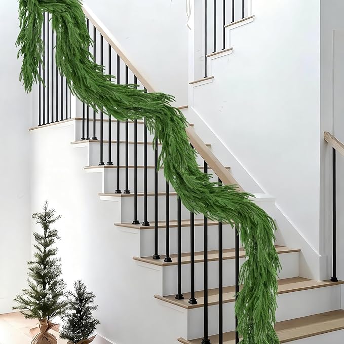 9FT Christmas Garland Artificial Norfolk Pine Garlands Real Touch Winter Green Greenery Garland Christmas Decoration Xmas Garland for Door Table Mantle Wall Indoor Outdoor Christmas Decor