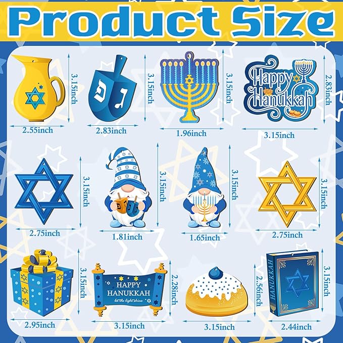 Qunclay 36 Pcs Hanukkah Ornaments Chanukah Wooden Hanging Ornament Star of David Menorah Gnome Happy Hanukkah Wood Pendant Blue Yellow Jewish Home Decorations for Christmas Tree Party Decor