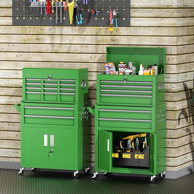INTERGREAT 8-Drawers Rolling Tool Chest, Assembled Tool Chest with Wheels, Detachable Top Tool Box, Tool Cabinet for Repair Room,Warehouse, Rolling Tool Box with Hooks,Tray Divider,Liners(Green)