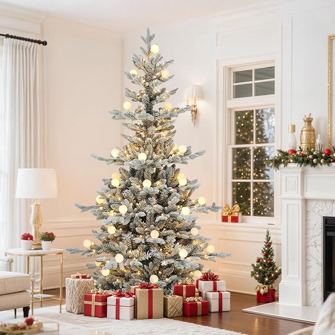 GOOBED 6FT Prelit Flocked Christmas Tree with Remote, Layered Hinged Flocked Christmas Tree w/ 1338 PE & PVC Mixed Tips, 270 Warm-White & Color Changing Lights w/Removable Bulbs,11 Modes